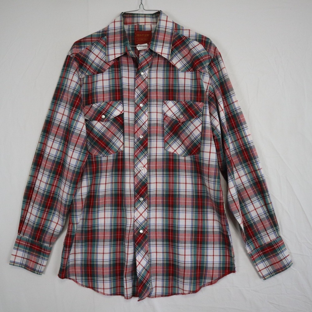 Rustler Shirt Mens Medium X-Long Tails‎ Western Pearl Snap Plaid Long Sleeve